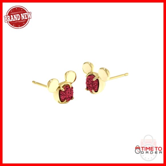 Gold Mickey Mouse Stud Earrings with Red Drusy, Push Back Closure